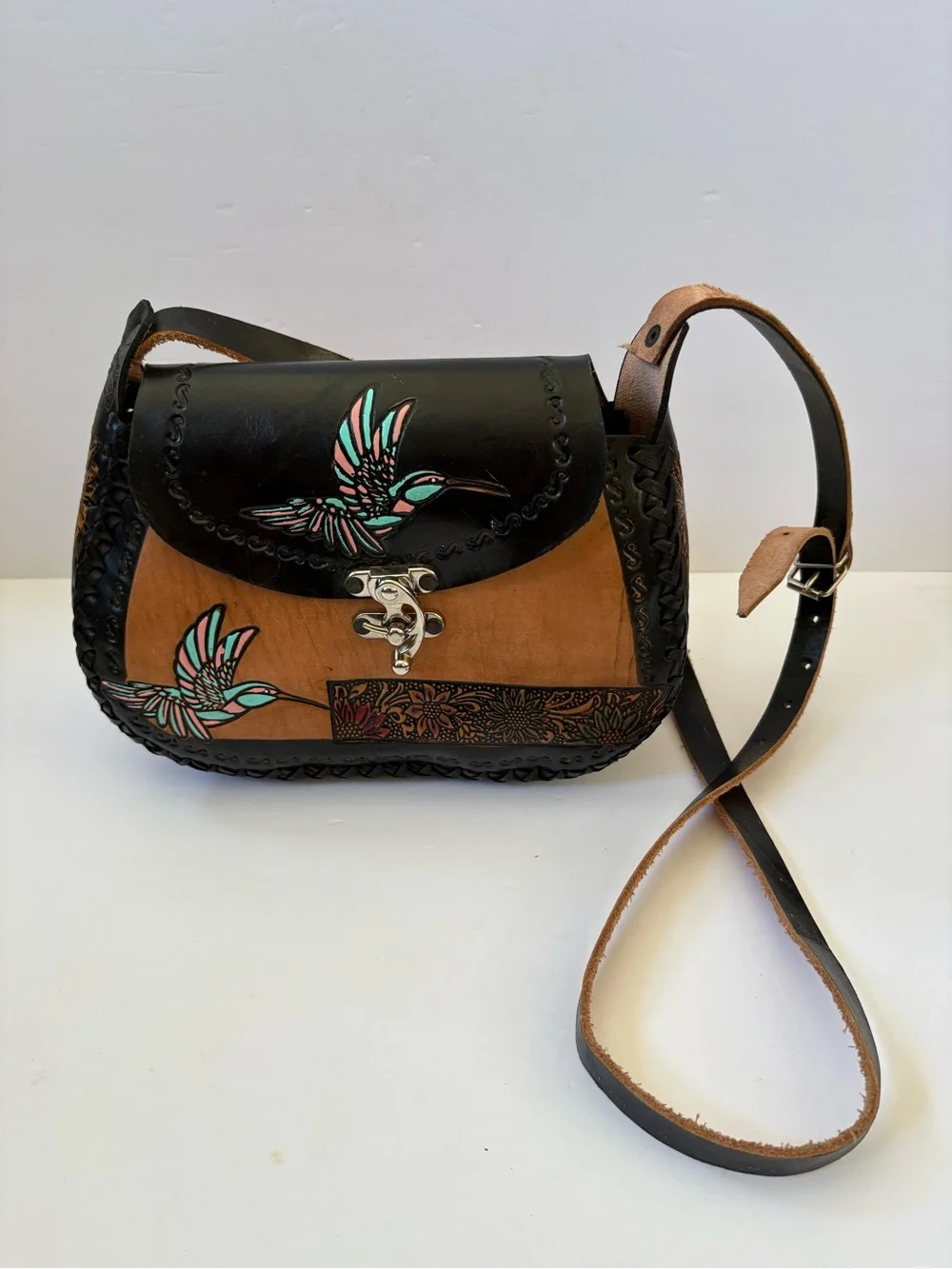Mexican Leather Crossbones Bag Hand Crafted Tooled Hummingbird Brown Black Artsy